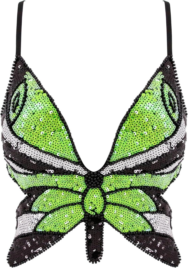 Mocure Womens Glitter Sequin Butterfly Crop Top Low-Cut Tank Top Rave Tube Vest Top for Belly Dance Costume Outfits - Image 1